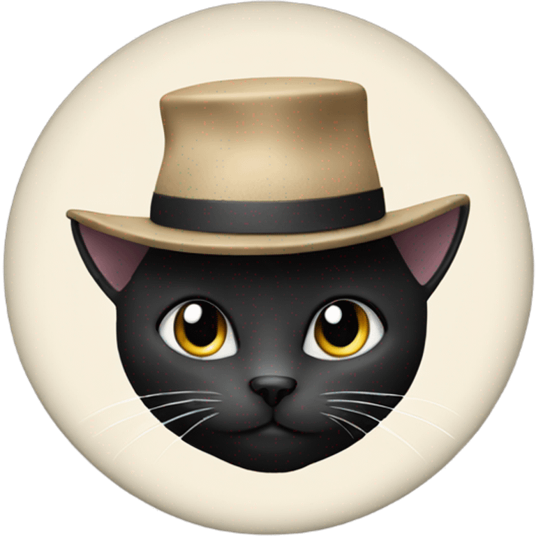 Black cat with a little white fur on the chin, chest, and paws wearing a hat emoji