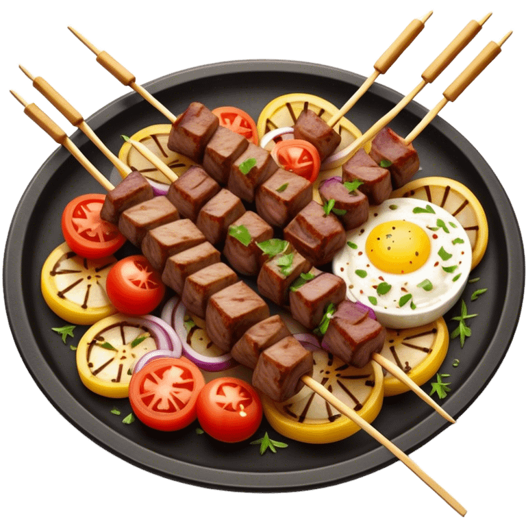 Cinematic Realistic Souvlaki Dish Emoji, showcasing skewered, grilled meat with Mediterranean spices rendered with dynamic textures and warm, appetizing lighting. emoji