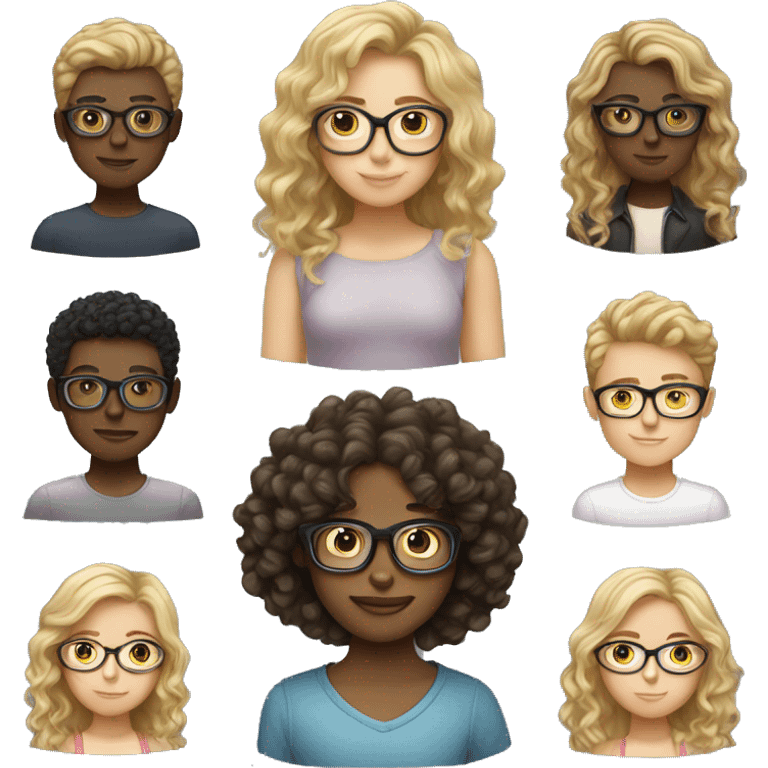 Brunette girl with glasses. Blonde wavy hair girl and boy with curly hair emoji