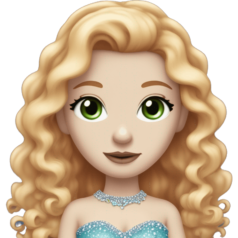  Red long hair curly girl, pale skin, white foundation, purple eyeshadow, with green eyes and a blue bedazzled dress with a small tiara on her head, with mascara on her eyes blue dress pale skin emoji