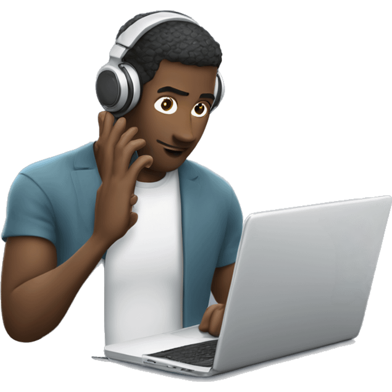 man in headphones talking hold laptop and phone only upper part of body  emoji