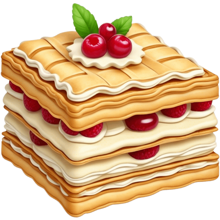 Mille-feuille Cinematic Realistic Mille-Feuille Dessert Emoji, depicted as a delicate pastry composed of two crisp layers of puff pastry with a rich cream filling, rendered with intricate textures and elegant, soft lighting. emoji