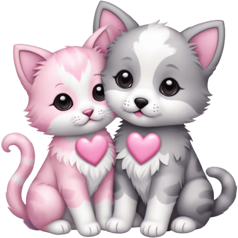 puppy and kitten with pink hearts emoji