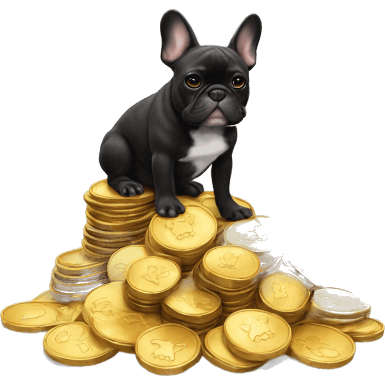 Black-and-tan French bulldog sitting on gold coins emoji