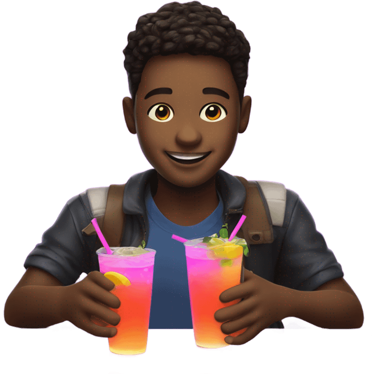 smiling boys in neon lights holding drinks emoji