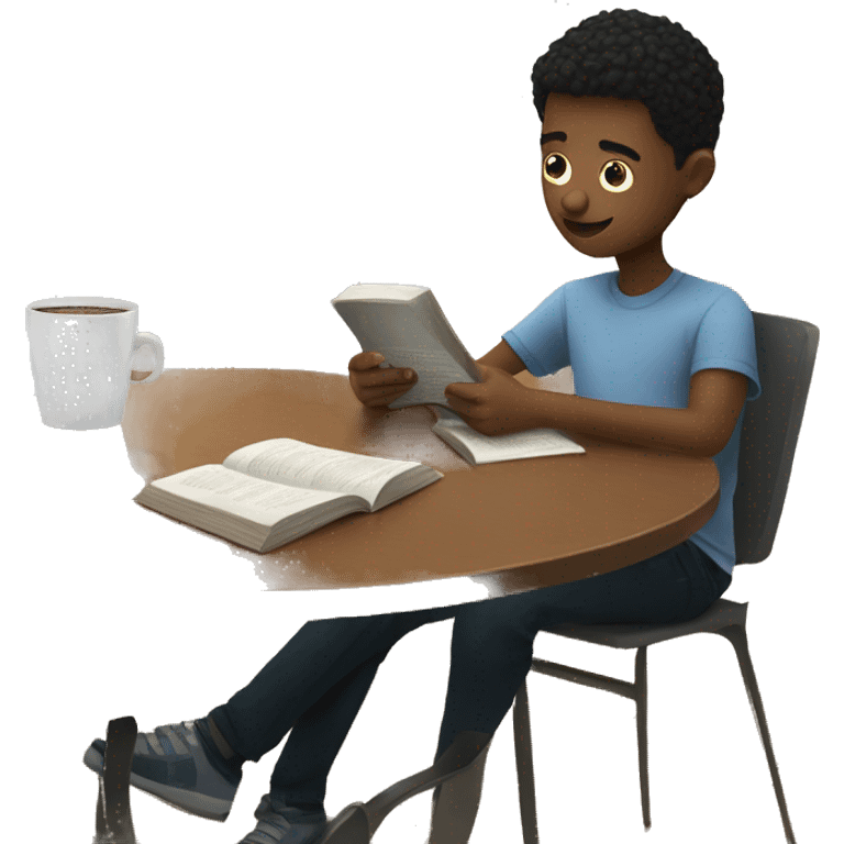 A boy reading on a coffee table with a cup of coffee next to him emoji