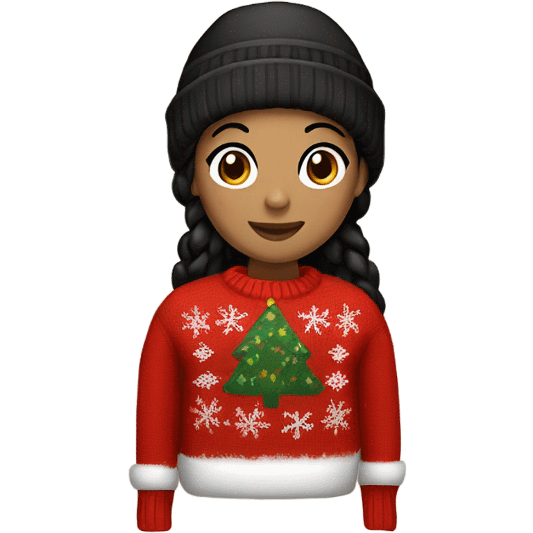 Red Christmas sweater on tan woman with black hair and a beanie  emoji