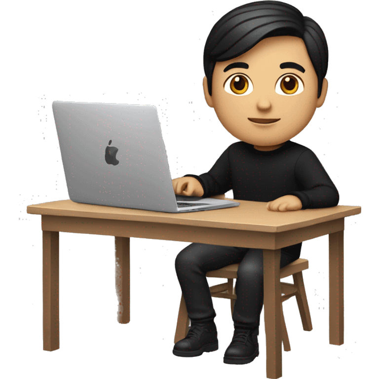 memoji of a man with a laptop in front, apple-style, fair white skintone,modern,black hair,black sweater,computer in hand,sitting on his desk emoji