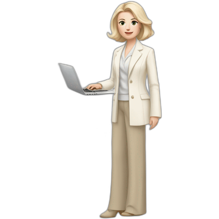 pale skin woman with ash blonde Straightened bob Hair, White Spacious classical jacket, beige palazzo Arrow pants and gray blouse holding a MacBook in the hands emoji