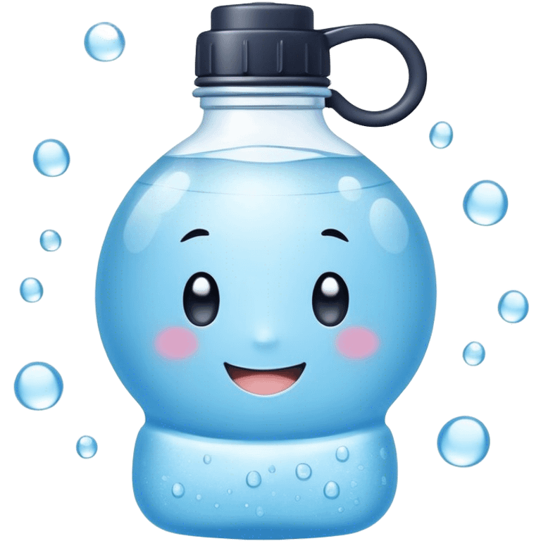 Cute Kawaii Water Bottle, round and bubbly, soft blue with tiny water droplets around, a happy smiling face, gentle glowing highlights, fresh and refreshing vibes! emoji