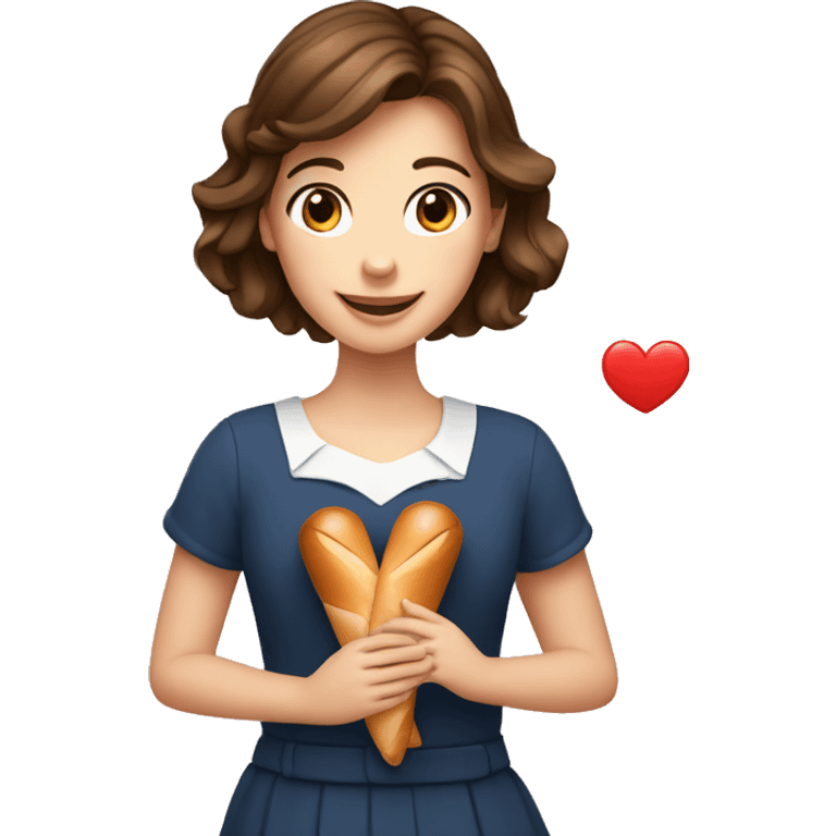 a french girl with brown hair and brown eyes holding a baguette, happy, doing a heart with her fingers on other hand emoji