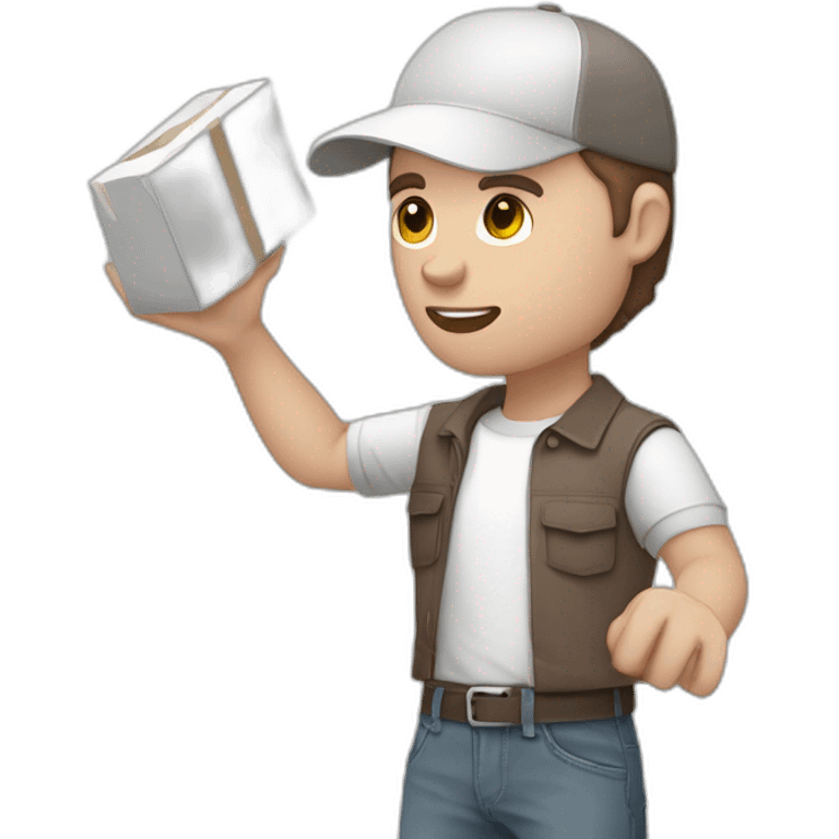 Pale skinned fit Man with dark brown hair in a light gray cap, dark brown jeans, brown polo and white T-shirt keeping a pasted with tape white box into his hands emoji