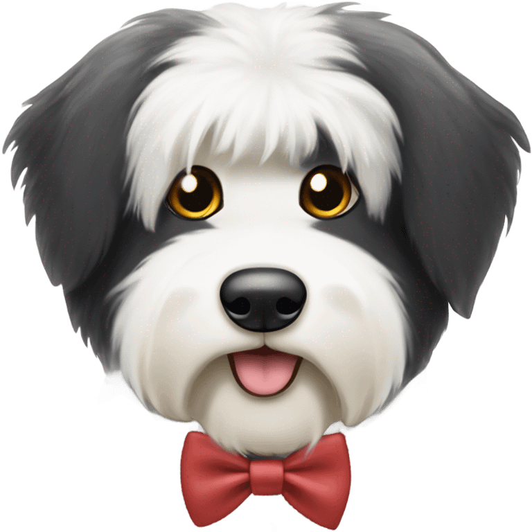 Half black half white old English sheepdog wearing a bow tie  emoji