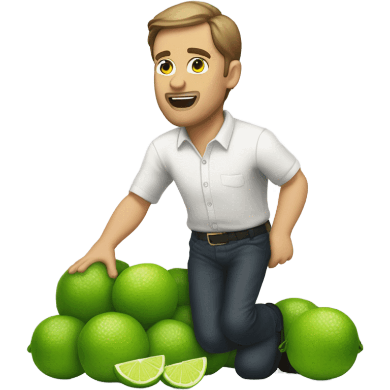 The same white man with brown hair bending down to pick up many fallen limes on the floor . No facial hair at all emoji