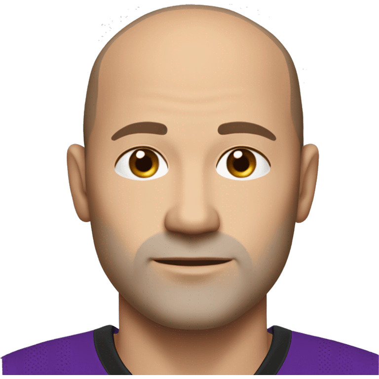 45-year-old man with a slightly round face, very short, almost shaved hair with a small central crest and a slightly receding hairline. He has brown eyes, subtle stubble, and wears a black and purple soccer jersey. emoji