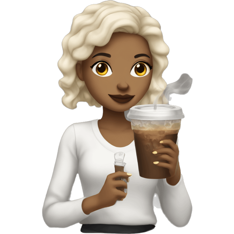 light skin girl with dark hair smoking and holding an iced coffee emoji