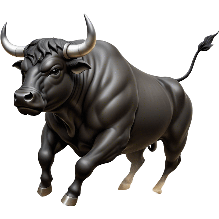 ​Cinematic Realistic Black Charging Bull, depicted in mid-charge with a powerful, muscular form and glossy black hide glistening under dynamic dramatic lighting, dust and motion captured mid-air to exude raw strength and unbridled energy on an expansive arena, emoji