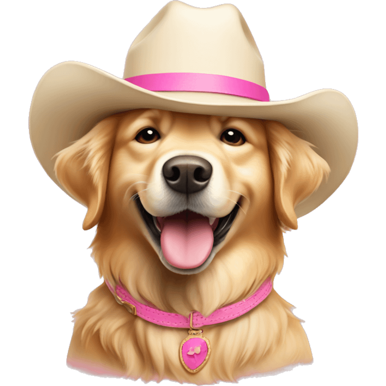 Cream color golden retriever wearing pink cowboy hat emoji