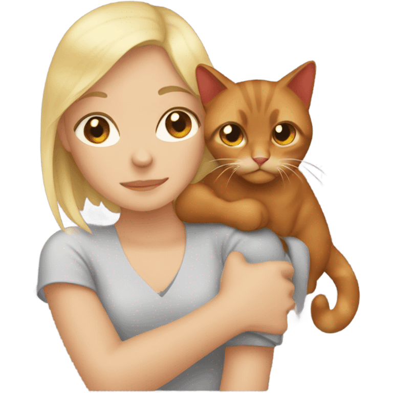 A picture in the style of an iPhone emoji, where a blonde girl with brown eyes hugs a red fold-eared cat emoji