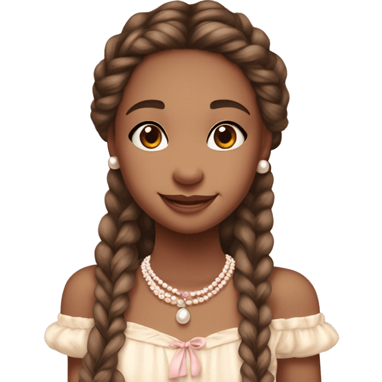 The girl, with a warm, rosy complexion, sparkling brown eyes, and a friendly smile, wears long braids adorned with blush and cream ribbons, a pastel off-the-shoulder top, a pearl necklace, and exudes warmth and vintage charm. emoji