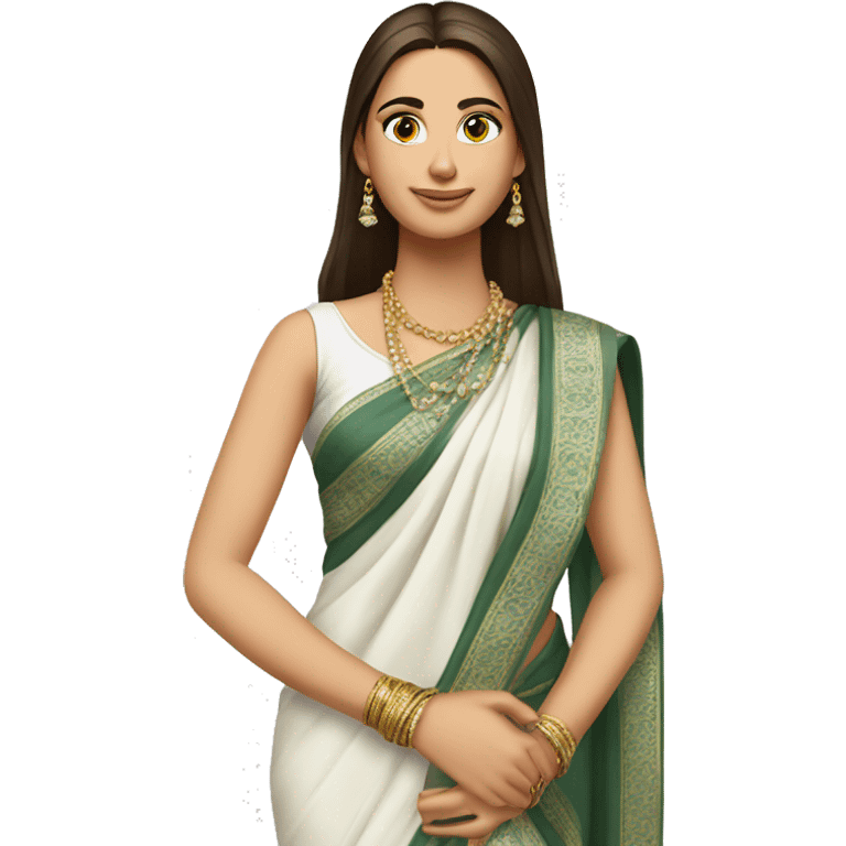 hair straight, white face colour, slender face, wearing a trendy saree and accessories, full body, men emoji