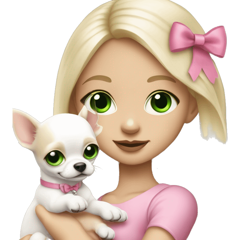 pale blond girl with long platinum hair with green eyes holding a white chihuahua puppy that wearing a pink bow emoji