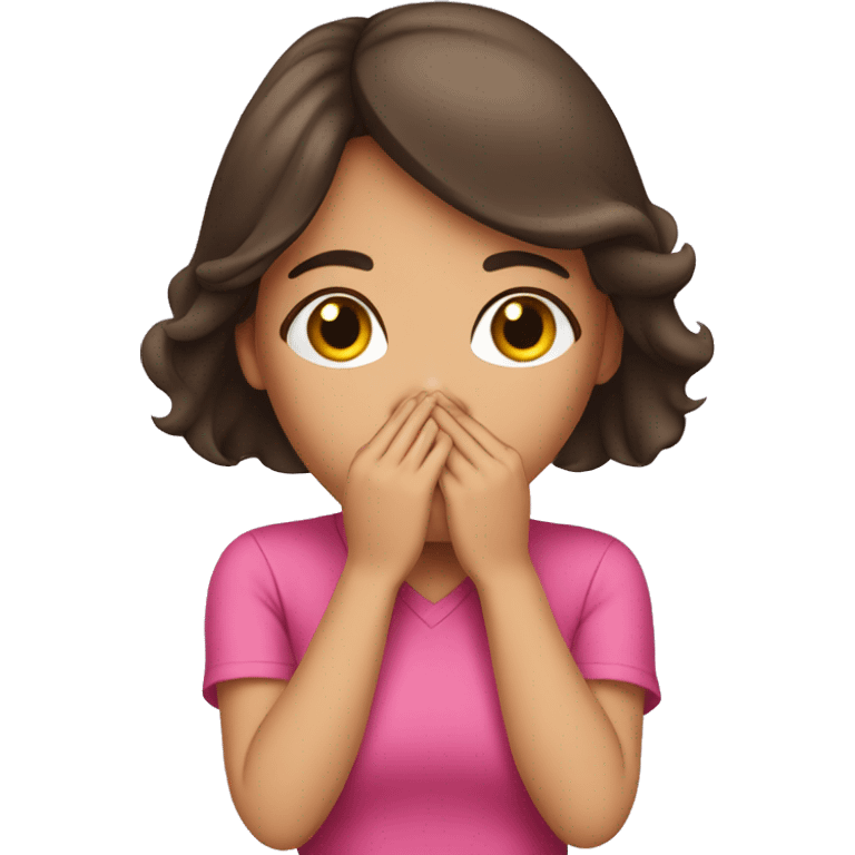 Brunette girl with her Hands covering her mouth with pink shirt emoji