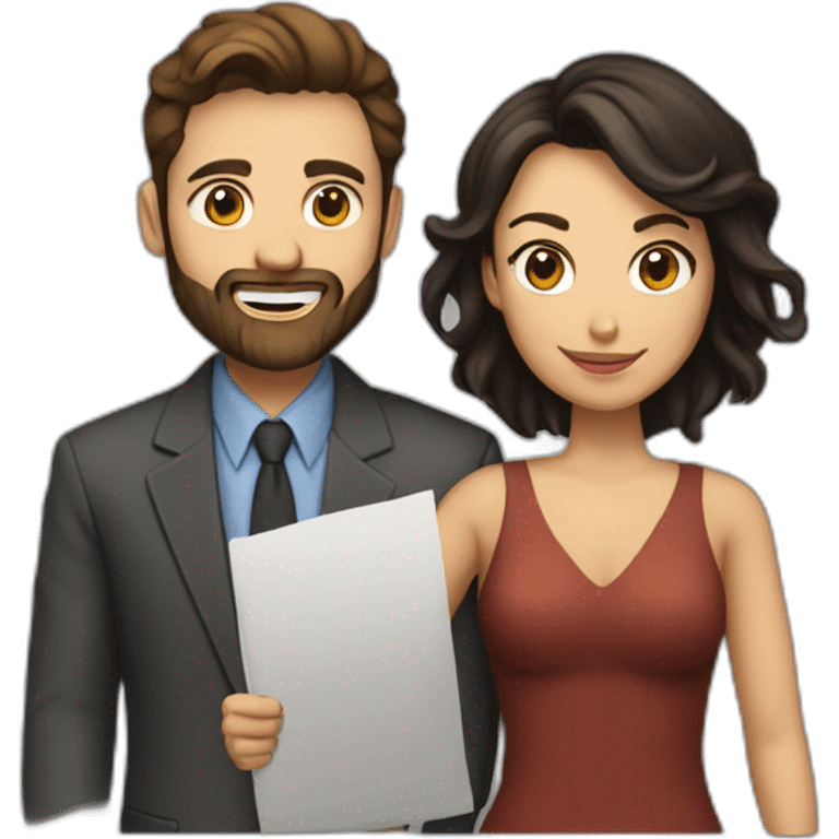 character couple with entrepreneurial man with straight brown hair and beard next to black-haired woman character emoji