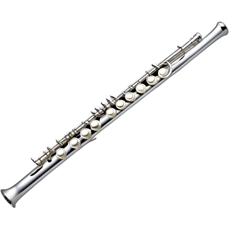 Create an elegant and refined emoji representing a classical silver flute. The design should showcase the sleek, polished silver body of the flute with its keywork and tone holes clearly visible. Highlight the smooth, straight shape of the instrument with subtle light reflections on its metal surface. The keys should be delicately detailed, with their small, round pads visible. Add a slight shine to the flute’s surface to reflect its high-quality craftsmanship. Optionally, include subtle musical notes floating around the flute to evoke its light, melodic sound. The background should be transparent. emoji