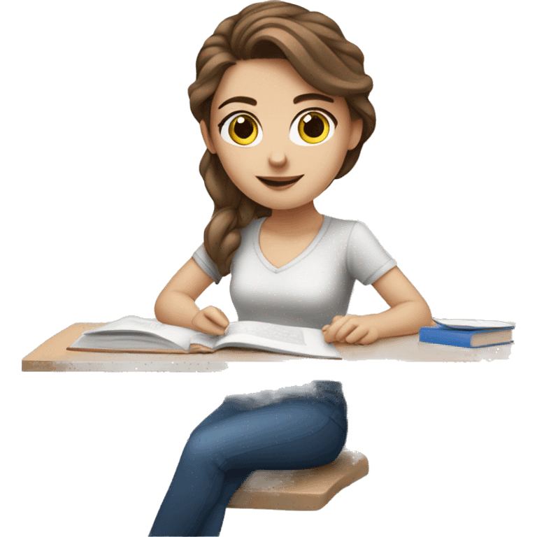 white girl studying at a white desk, brown hair, blue eyes, computer emoji