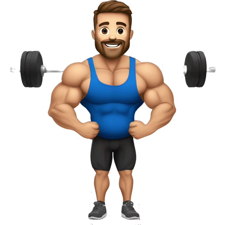 Pregnant handsome muscular young male bodybuilder with big and round hairy baby bump doing shoulder press with weighted barbells emoji