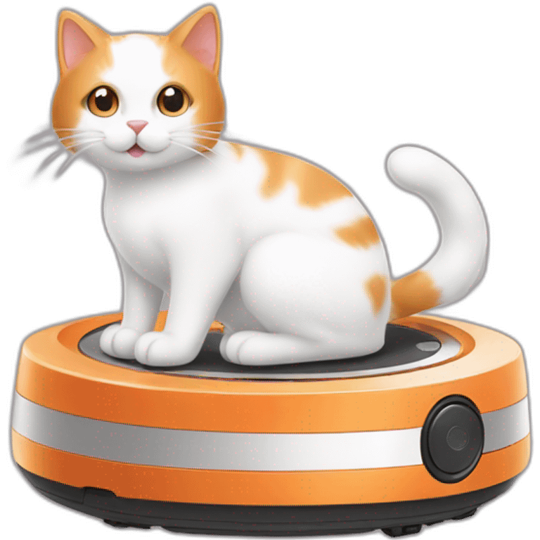 white and orange cat sitting on roomba emoji