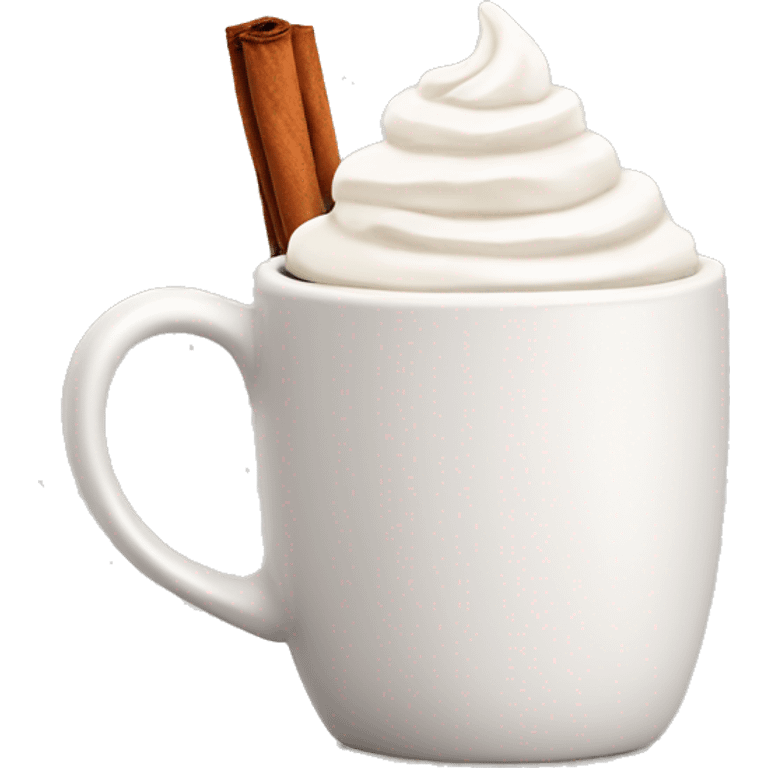 white mug of hot chocolate with whipped cream and cinnamon emoji