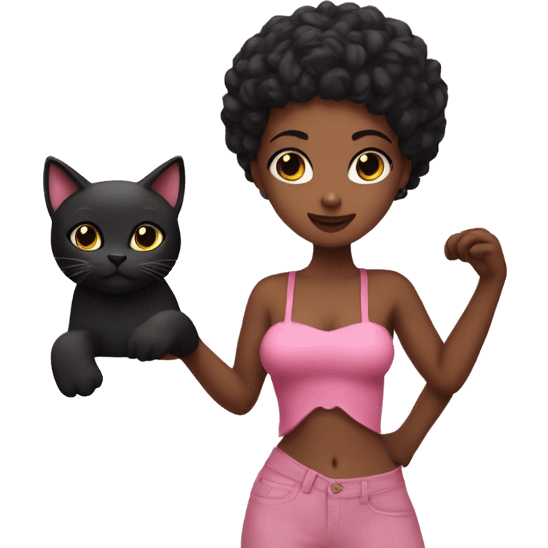 A Lantia girl wearing a pink tube top and she is holding a black cat emoji