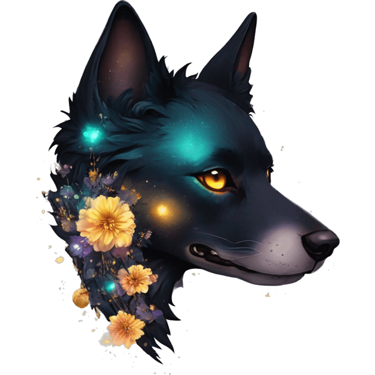 Black iridescent fluffy dog fox head skull zombie skull skeleton gold mechanical steampunk raven wings nebula galaxy stars colorful flowers fairy lights vintage emoji