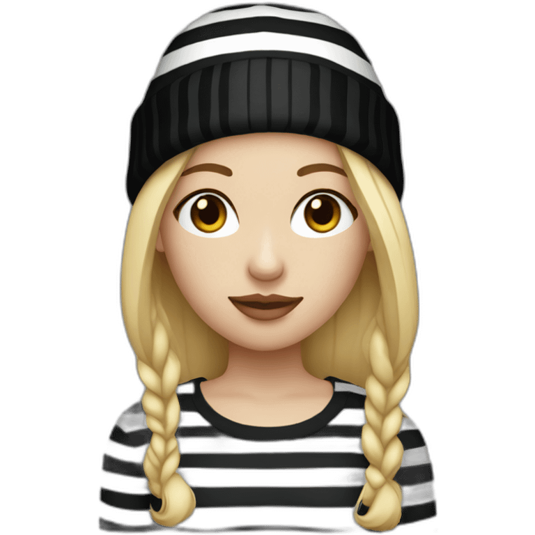 blonde woman in black beanie hat, black eye mask and striped shirt emoji