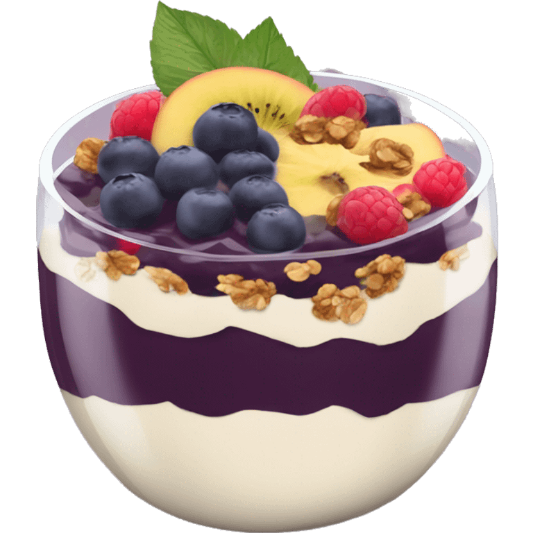 Açaí in a clear cup with layers of fruits and granola and condensed milk emoji