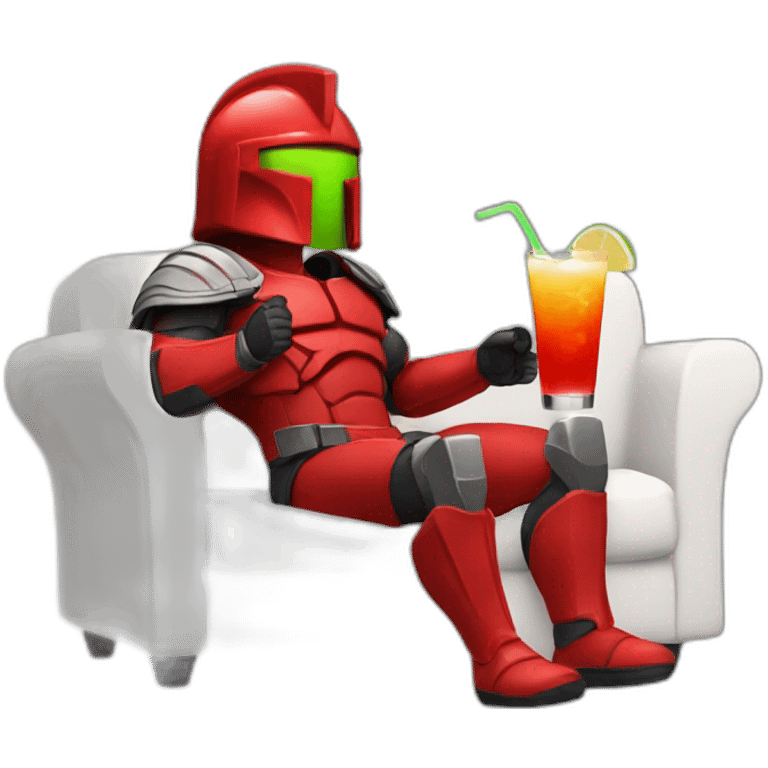 A red spartan drinking a relaxed coktail on a sofa emoji