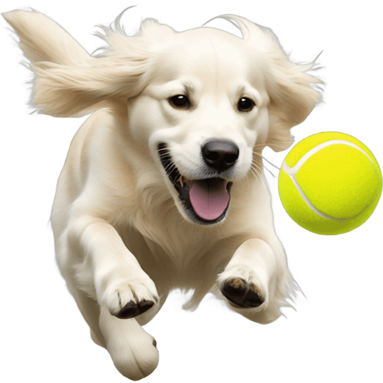 White golden retriever chasing tennis ball emoji