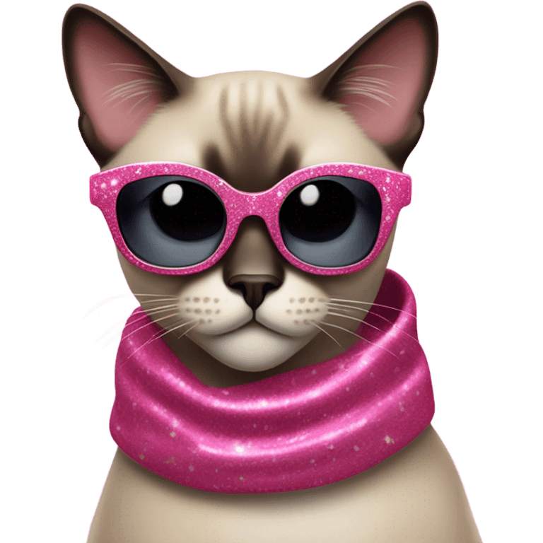 Siamese cat, leopard print scarf, futuristic pink glitter sunglasses emoji