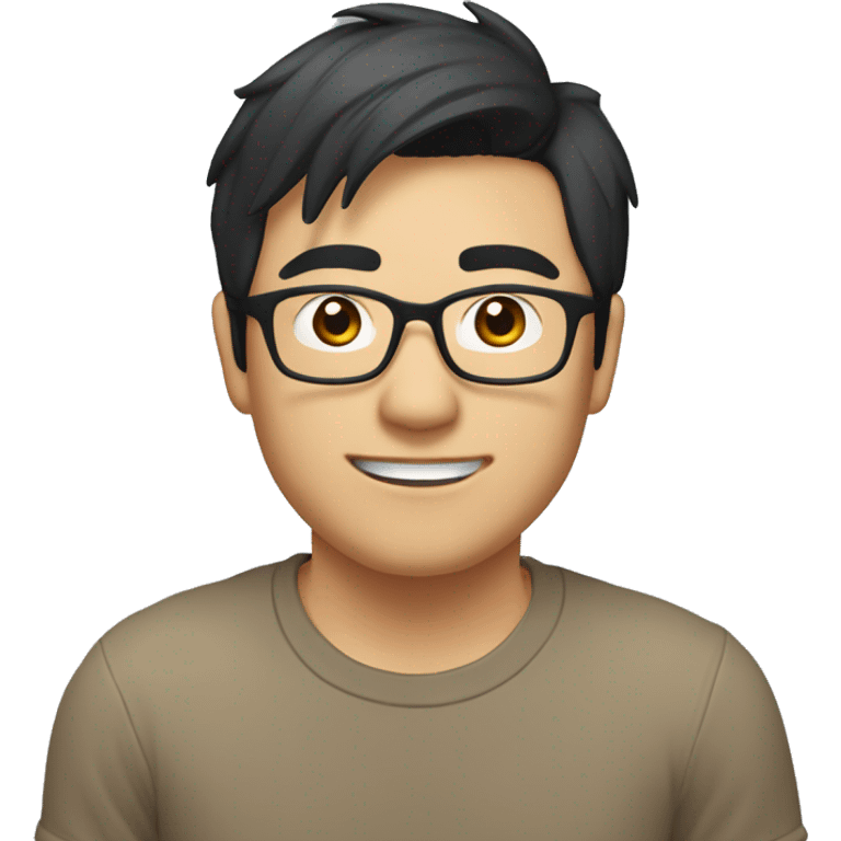 A head and shoulders shot of a 33 year old Asian man, with short black hair,  wearing glasses with brown eyes wearing a t-shirt. emoji