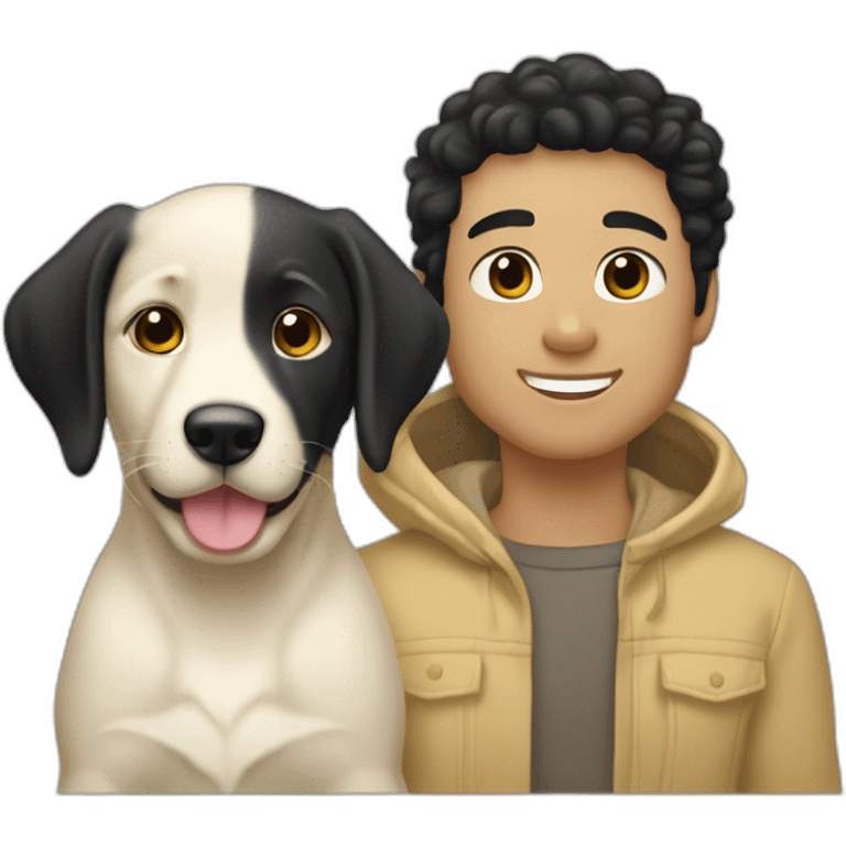 gay couple, two white straight blackhair australian white blackhair-slightly-curly-holding one light yellow labrador retriever puppy emoji