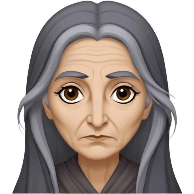 Mirri Maz Duur is a weathered, age 50 Lhazareen woman with deep-set dark eyes, high cheekbones, and a sharp nose, giving her a stern, knowing expression. Her long, unkempt dark hair streaked with gray falls loosely over her shoulders emoji