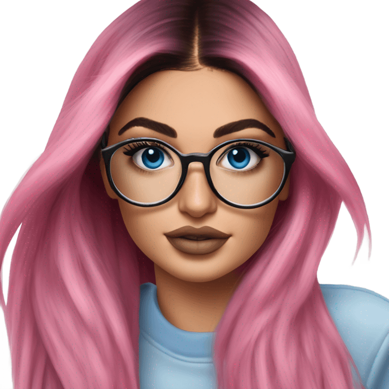 Photo Realistic kylie jenner stylish pink hair BLUE eyes and glasses posing  emoji