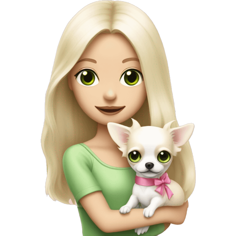 pale blond girl with long platinum hair with green eyes holding a white chihuahua puppy that wearing a pink bow emoji