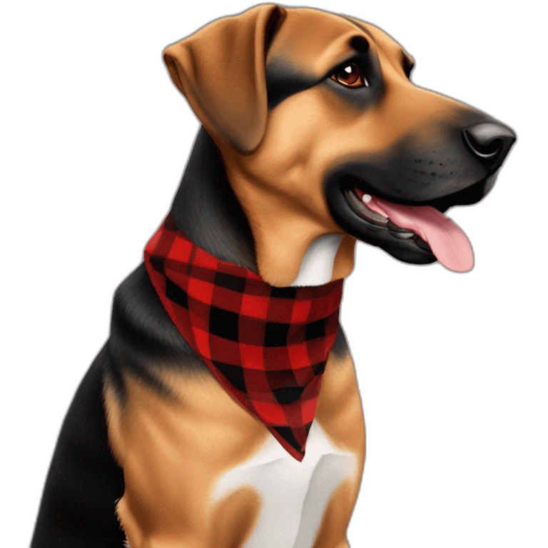 75% Coonhound 25% German Shepherd mix dog wearing small pointed red buffalo plaid bandana pointing down side view full body facing left emoji