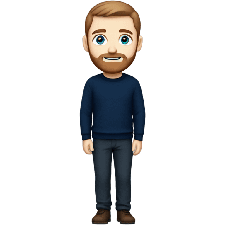 irish man blue eyes, brown short hair and short beard, wearing a smart navy blue jumper. full body. emoji