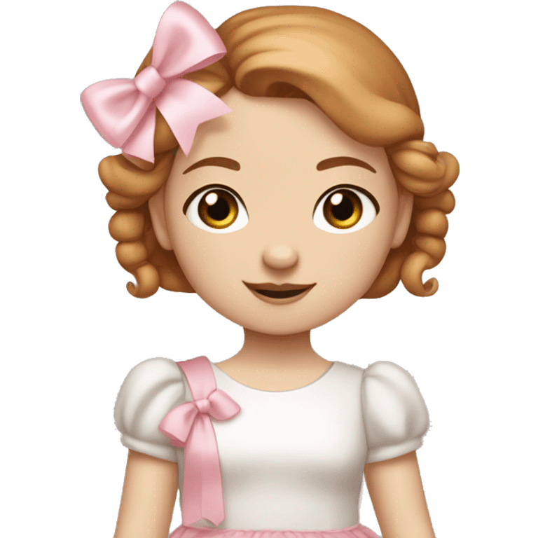 Little Girl with White skin, blue eyes. Light brown and red hair in two ponytails, with light pink bows.  She is wearing a light pink and White dress, standing and holding a teddybear with a pink bow. emoji