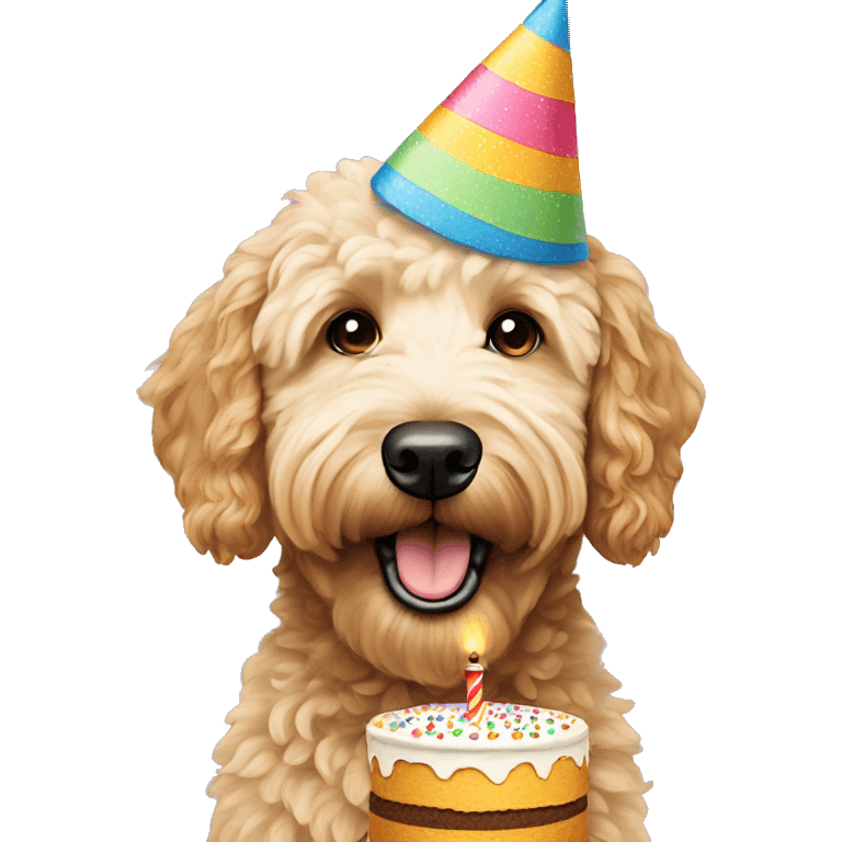 Golden doodle with birthday hat eating birthday cake  emoji