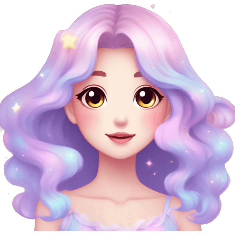 Gorgeous pastel anime style lady blushing nebula-gradient-sparkle face dreamy idol model colorful shiny stars galaxy kawaii cottagecore pearly petite simplistic aesthetic trending style emoji